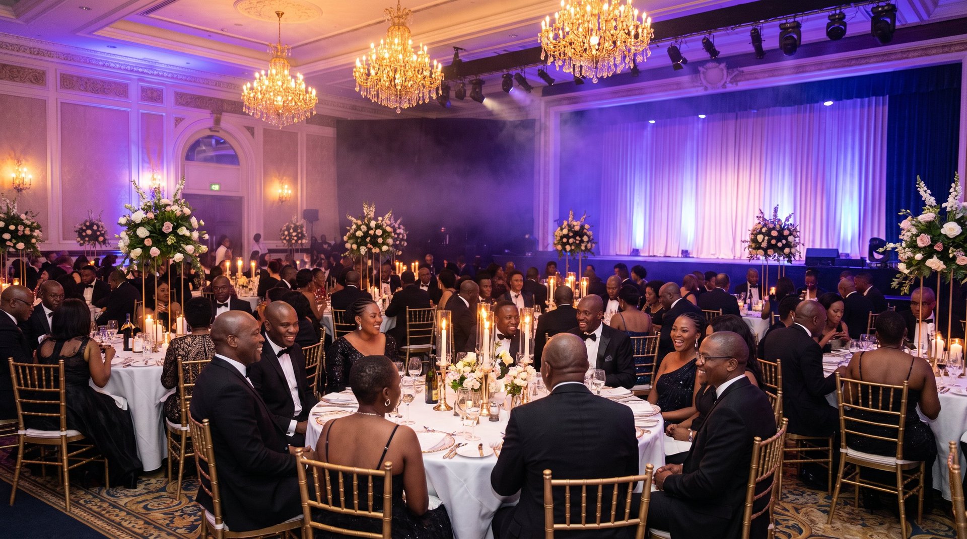 Gala dinner in the Ballroom at Sandton Convention Centre photographed under stage lighting