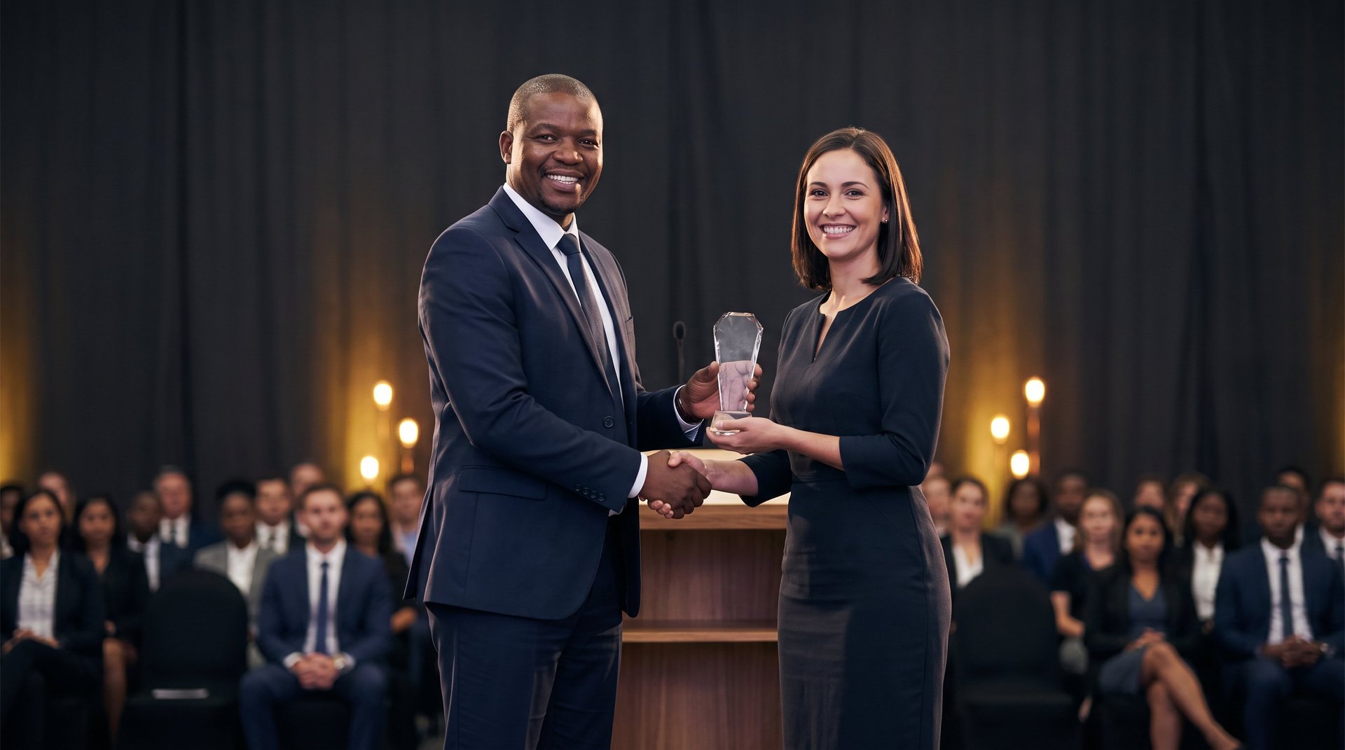 Awards handover on stage in the Sandton Convention Centre Ballroom with a clean front light
