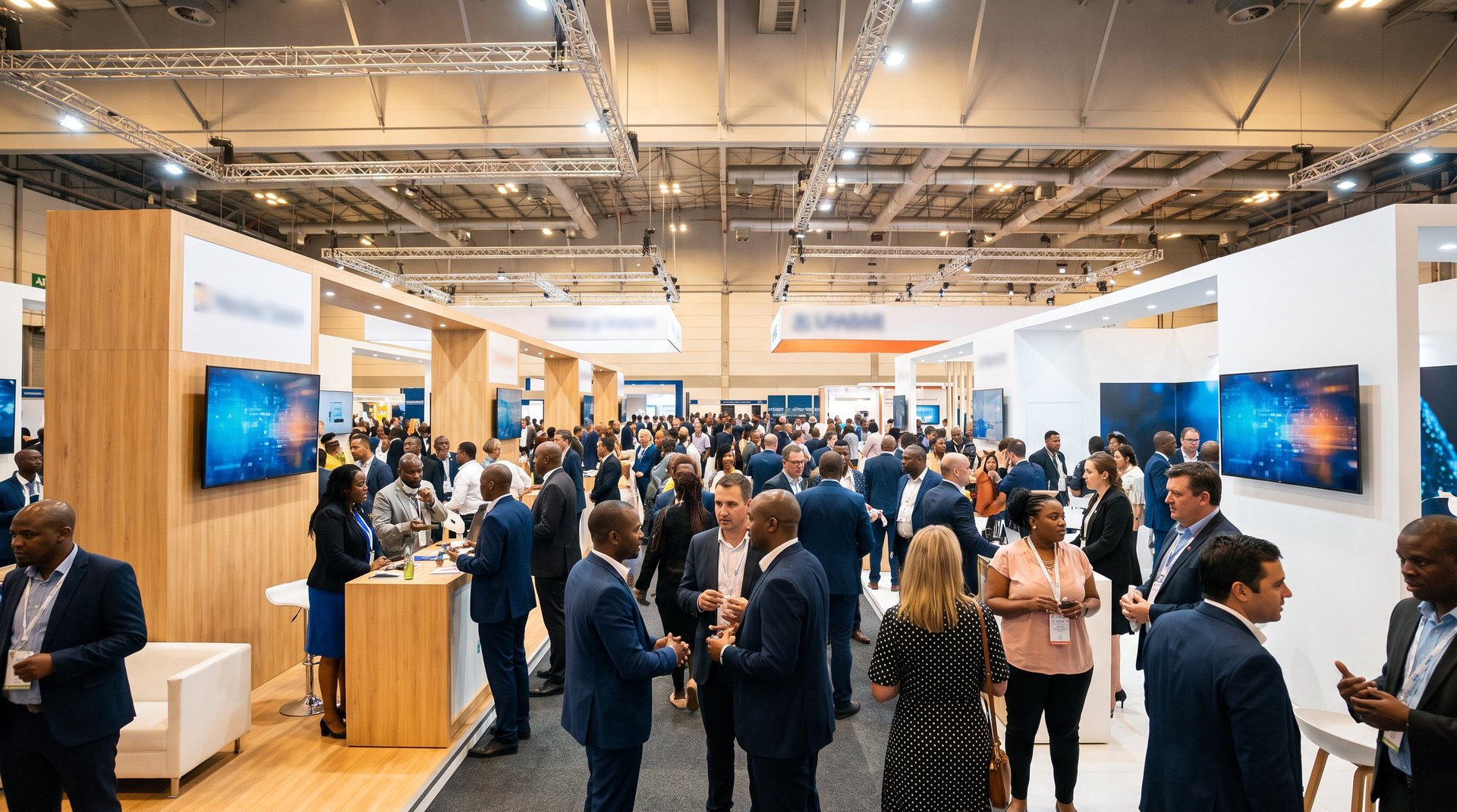 Busy exhibition stand with delegates at an expo in the Sandton Convention Centre exhibition hall