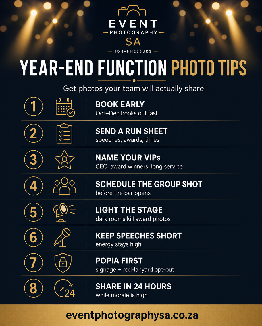 Infographic of 8 year-end function photography tips for Johannesburg corporate events, from booking early to sharing the gallery within 24 hours