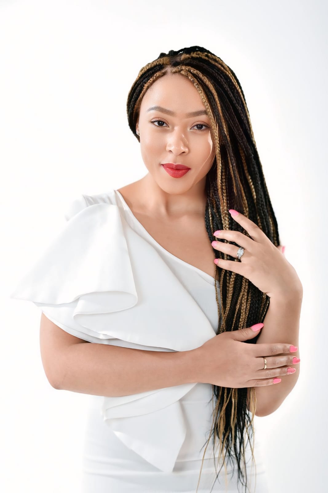 Editorial fashion corporate portrait Johannesburg — white satin dress studio shoot